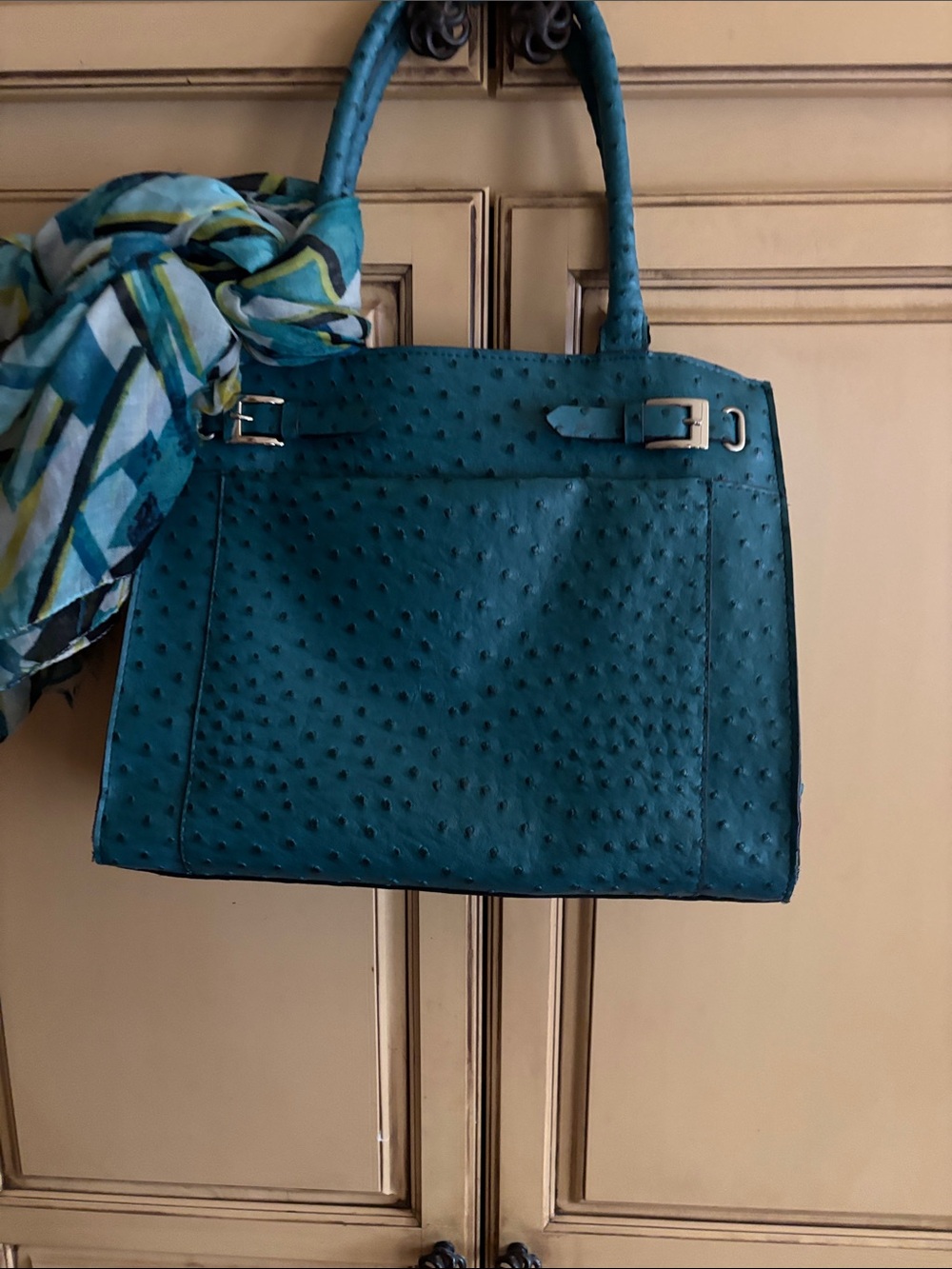 Teal Ostrich-Texture Tote Bag - Women's Handbag